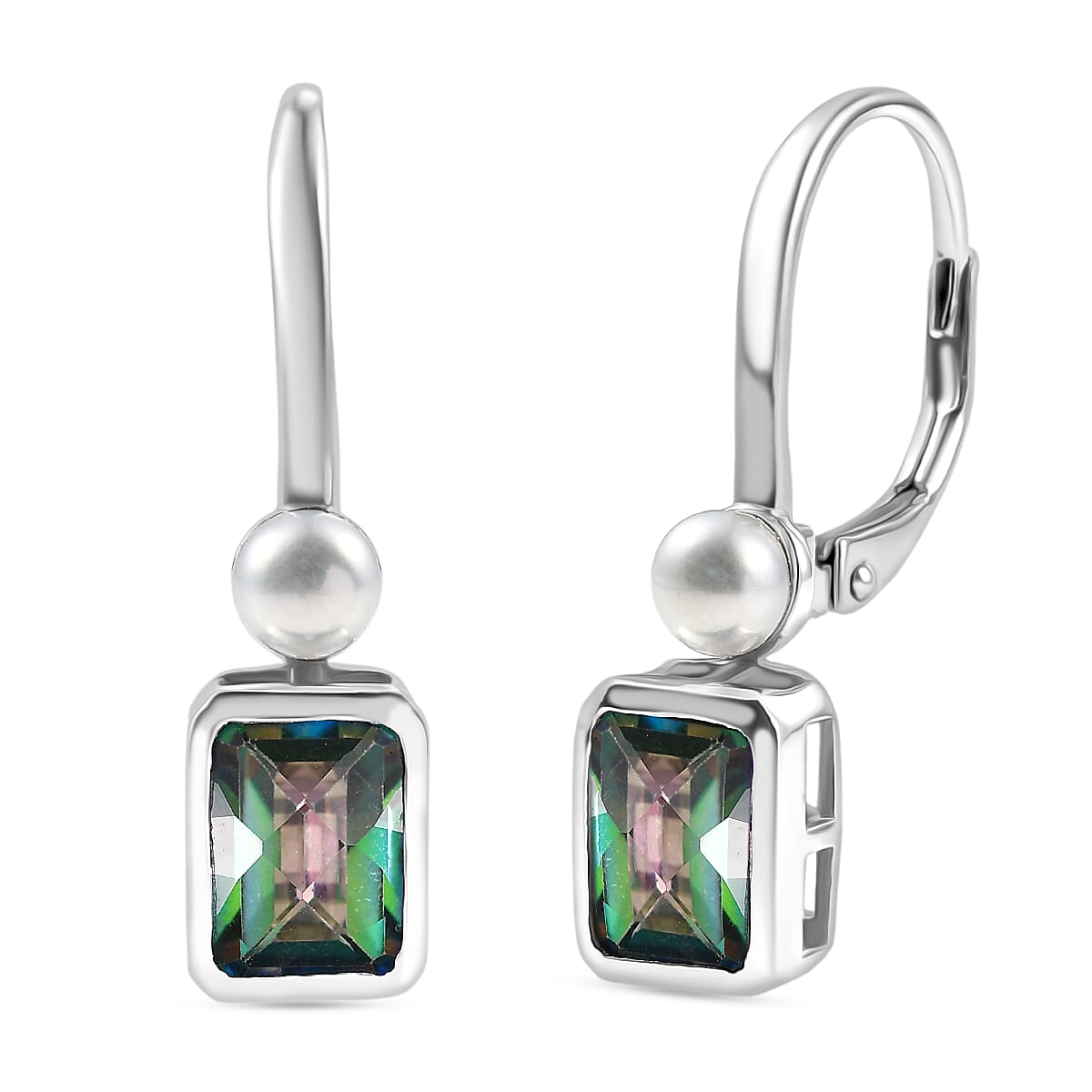 D'Joy Mystic Topaz, Fresh Water Pearl Solitaire Lever Back Earring in Rhodium Overlay Sterling Silver 3.18 Ct. 8505673 0