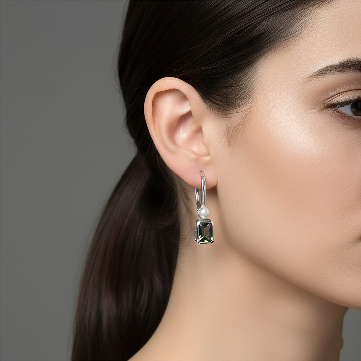 D'Joy Mystic Topaz, Fresh Water Pearl Solitaire Lever Back Earring in Rhodium Overlay Sterling Silver 3.18 Ct. 8505673 2