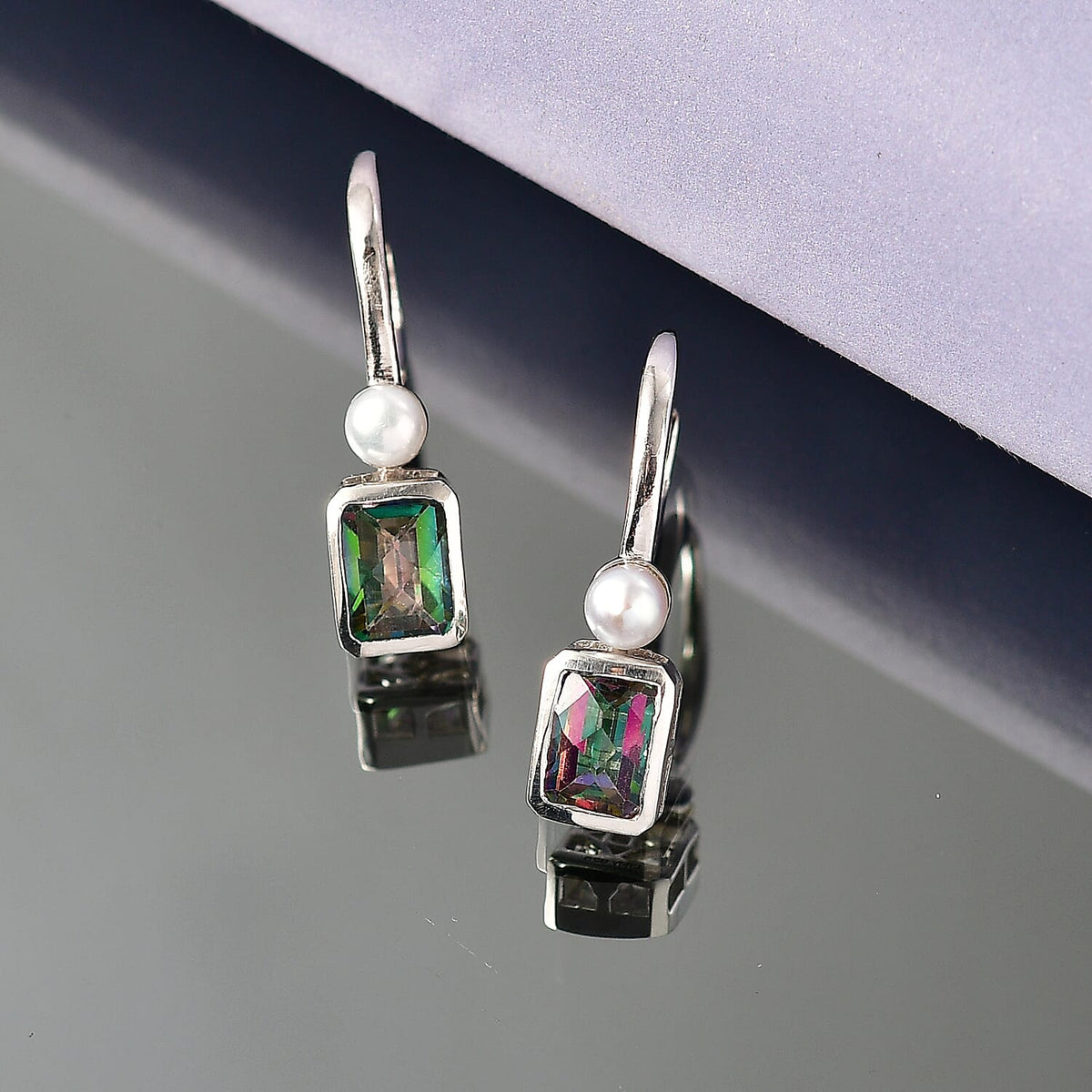 D'Joy Mystic Topaz, Fresh Water Pearl Solitaire Lever Back Earring in Rhodium Overlay Sterling Silver 3.18 Ct. 8505673 3