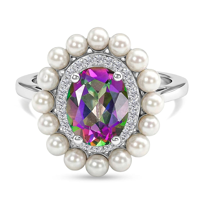 D'Joy Mystic Topaz, Fresh Water Pearl &amp; White Zircon Ring in Rhodium Overlay Sterling Silver 3.85  Ct. 8505712 1