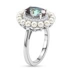 D'Joy Mystic Topaz, Fresh Water Pearl & White Zircon Ring in Rhodium Overlay Sterling Silver 3.85  Ct.