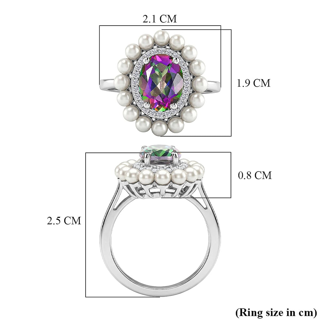 D'Joy Mystic Topaz, Fresh Water Pearl & White Zircon Ring in Rhodium Overlay Sterling Silver 3.85  Ct.