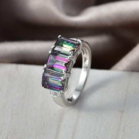 D'Joy Mystic Topaz &amp; Natural White Diamond 3 Stone Ring in Rhodium Overlay Sterling Silver 3.50 Ct. 8505755 1