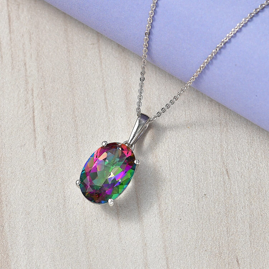 D'Joy Mystic Topaz Solitaire Pendant with Chain (Size 20) in Rhodium Overlay Sterling Silver 7.00 Ct.