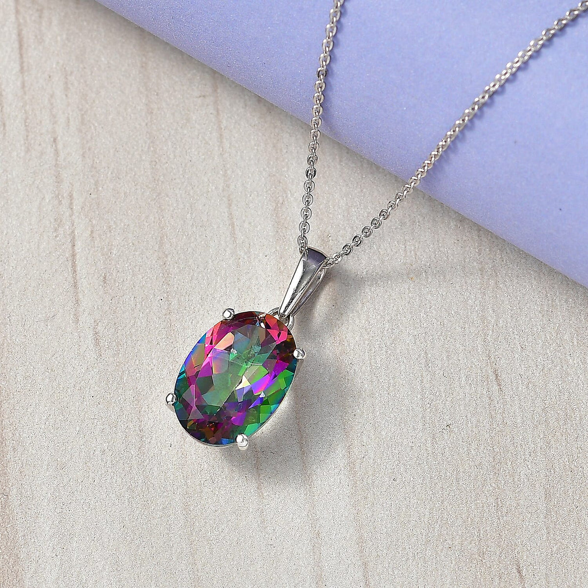 D'Joy Mystic Topaz Solitaire Pendant with Chain (Size 20) in Rhodium Overlay Sterling Silver 7.00 Ct. V32519197 3