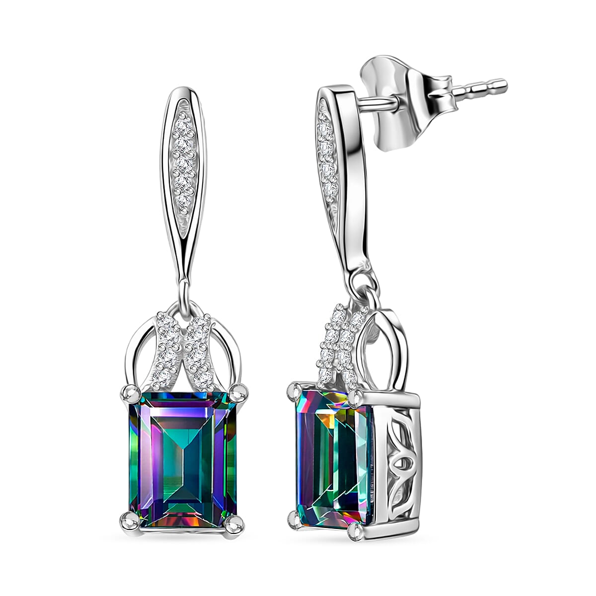 D'Joy Mystic Topaz, White Zircon Dangling Earring with Push Back in Rhodium Overlay Sterling Silver 4.06 Ct. 8505709 0