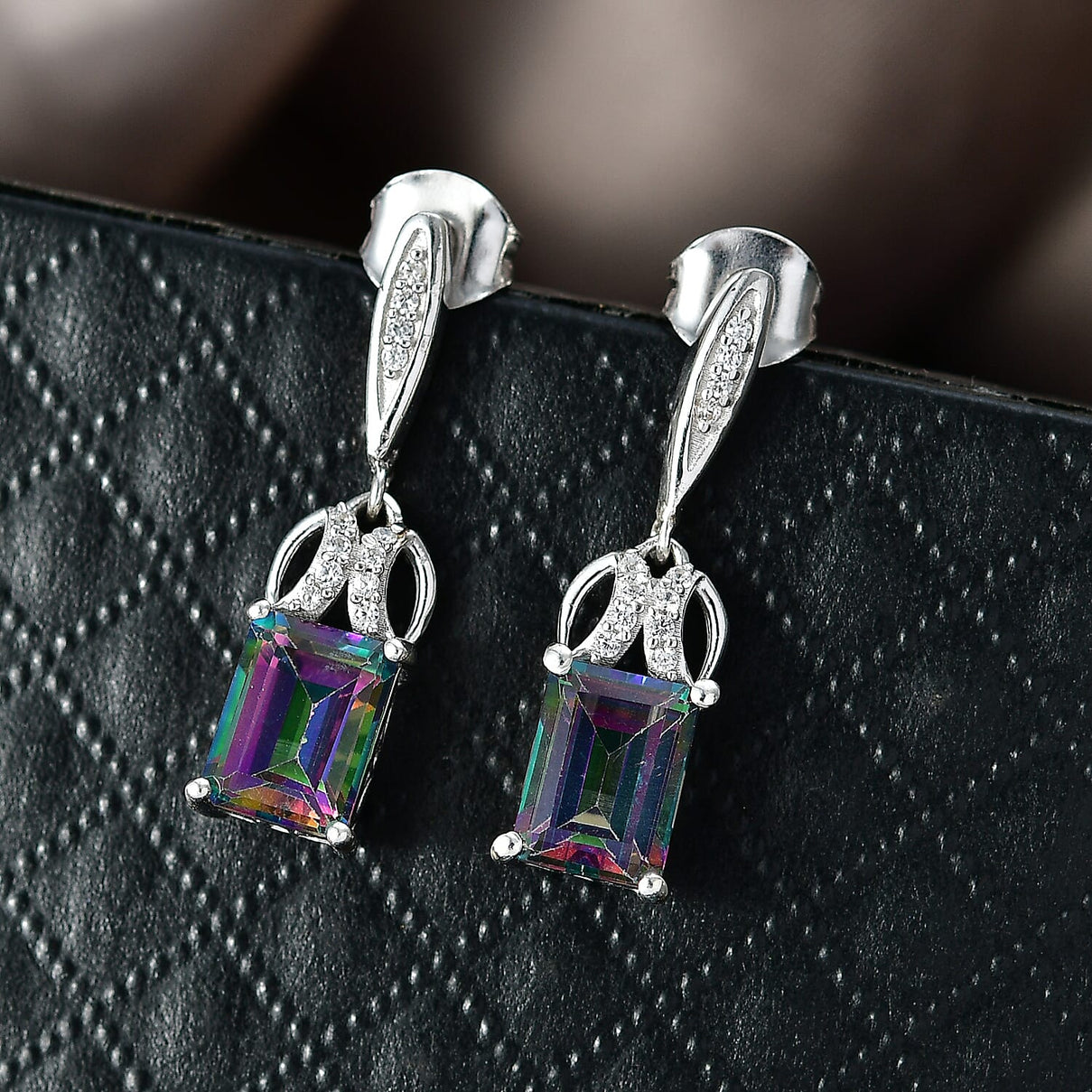 D'Joy Mystic Topaz, White Zircon Dangling Earring with Push Back in Rhodium Overlay Sterling Silver 4.06 Ct. 8505709 3
