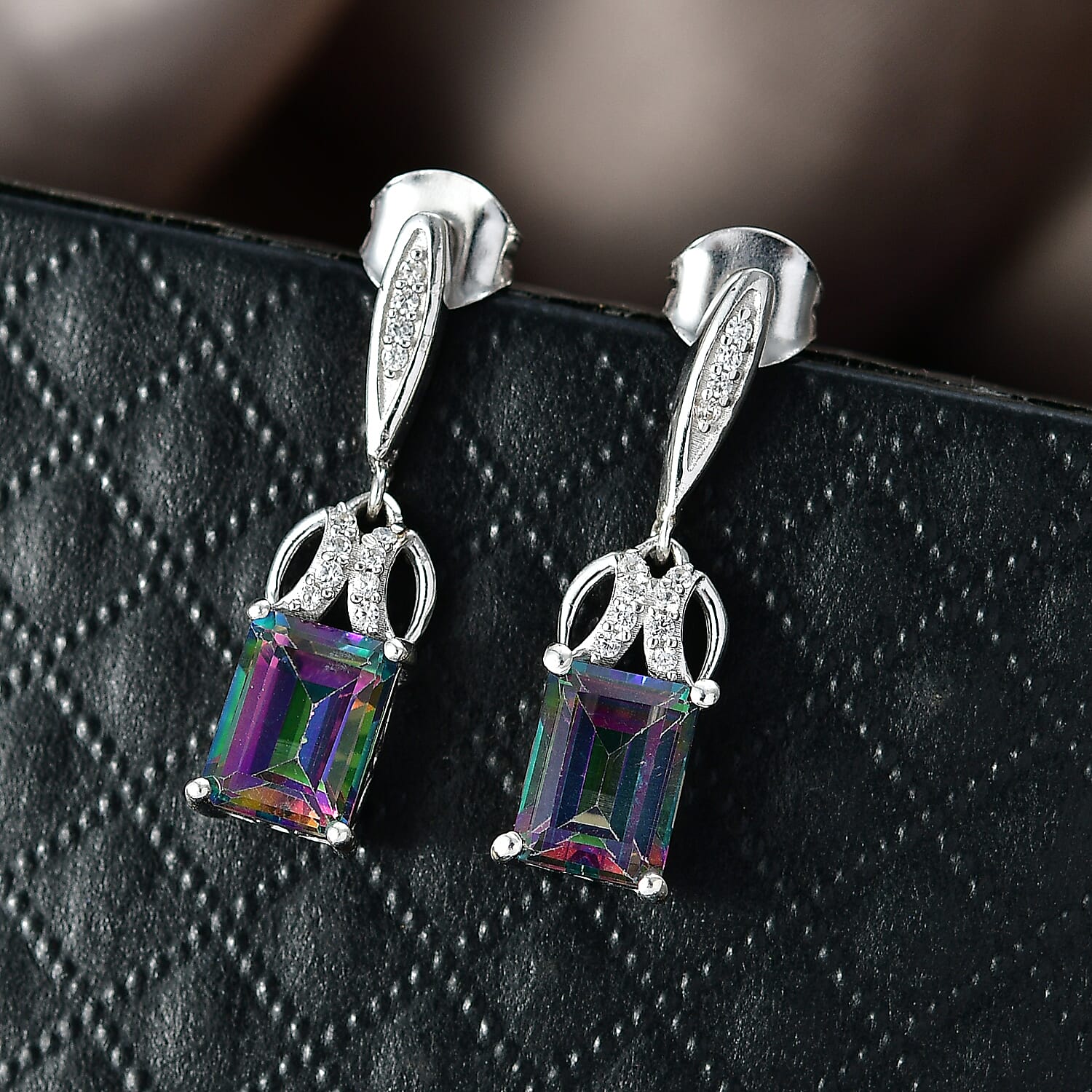 D'Joy Mystic Topaz, White Zircon Dangling Earring with Push Back in Rhodium Overlay Sterling Silver 4.06 Ct. 8505709 3