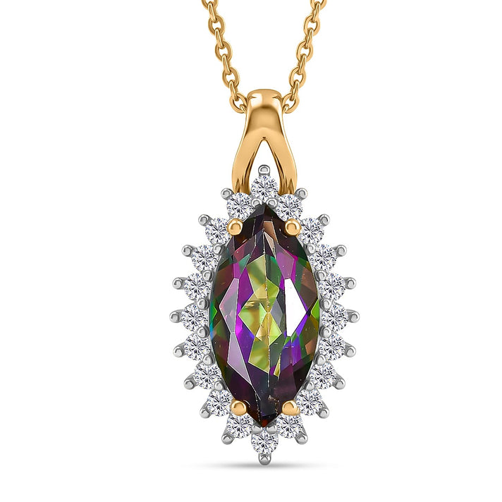 D'Joy Mystic Topaz, White Zircon Halo Pendant with Chain (Size 20) in Yellow Gold Plated Sterling Silver 2.45 Ct. 4459978 1
