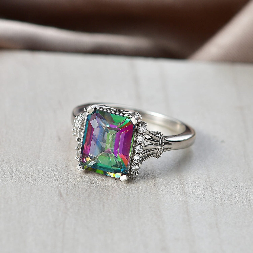D'Joy Mystic Topaz & White Zircon Ring in Rhodium Overlay Sterling Silver 4.47 Ct.