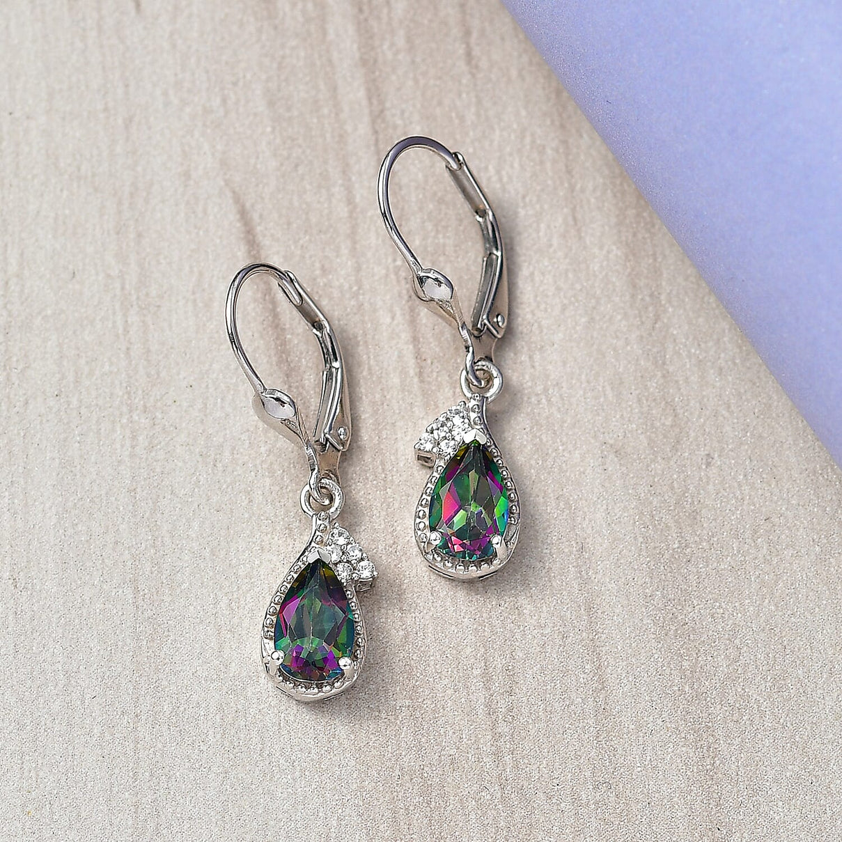 D'Joy Mystic Topaz, White Zircon Drop Earring with Lever Back in Rhodium Overlay Sterling Silver 2.26 Ct. V32516129 2