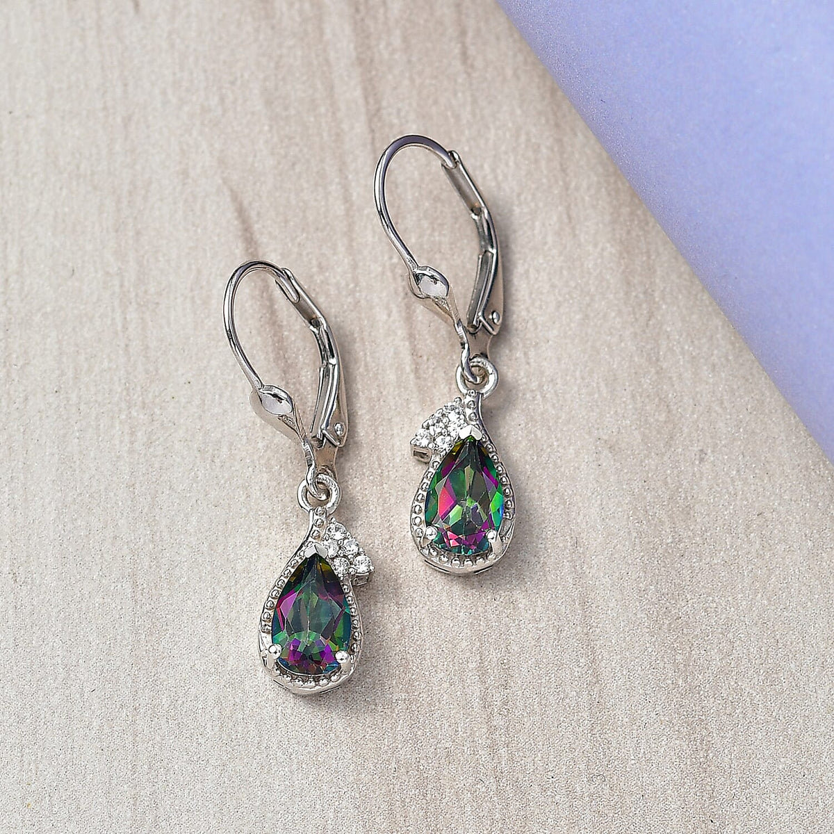 D'Joy Mystic Topaz, White Zircon Drop Earring with Lever Back in Rhodium Overlay Sterling Silver 2.26 Ct. V32516129 2