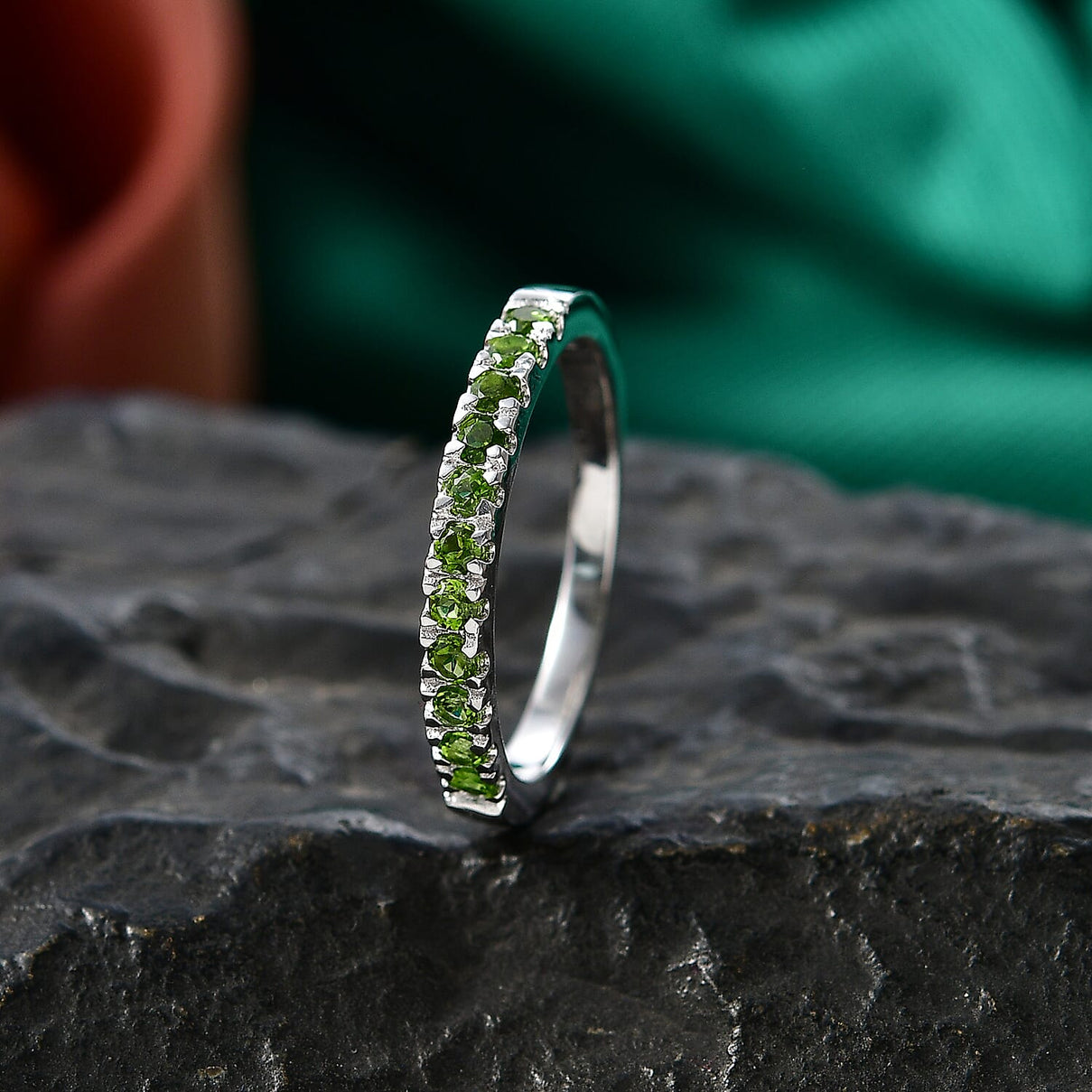 D'Joy Natural Chrome Diopside Half Eternity Band Ring in Rhodium Overlay Sterling Silver 8532049 3