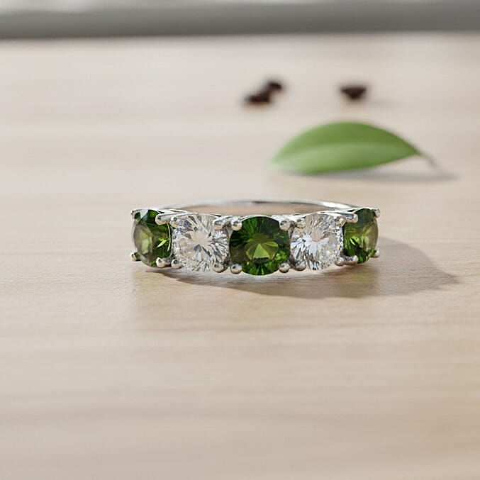 D'Joy Natural Chrome Diopside, Moissanite 5 Stone Ring in Rhodium Overlay Sterling Silver 2.45 Ct. 8380705 2
