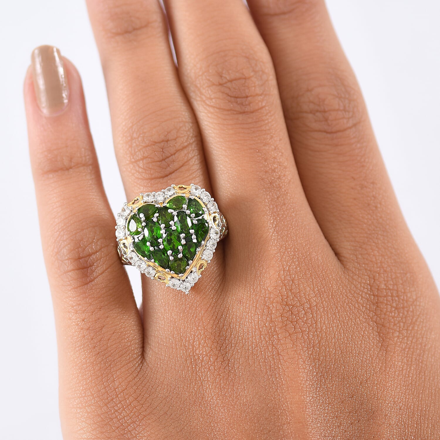 D'Joy Natural Chrome Diopside &amp; White Zircon Cluster Ring in 18K Vermail Yellow Gold Plated &amp; Rhodium Overlay Sterling Silver 3.66 Ct. V32514231 3