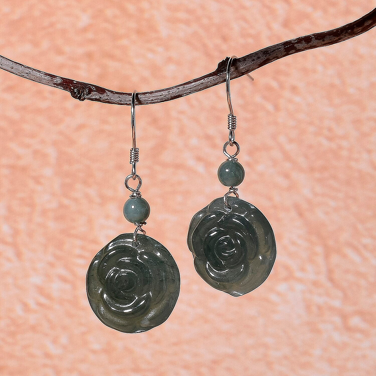 D'Joy - Natural Jade Floral Earring with Hook in Rhodium Overlay Sterling Silver 24.00 Ct. V32520344 5