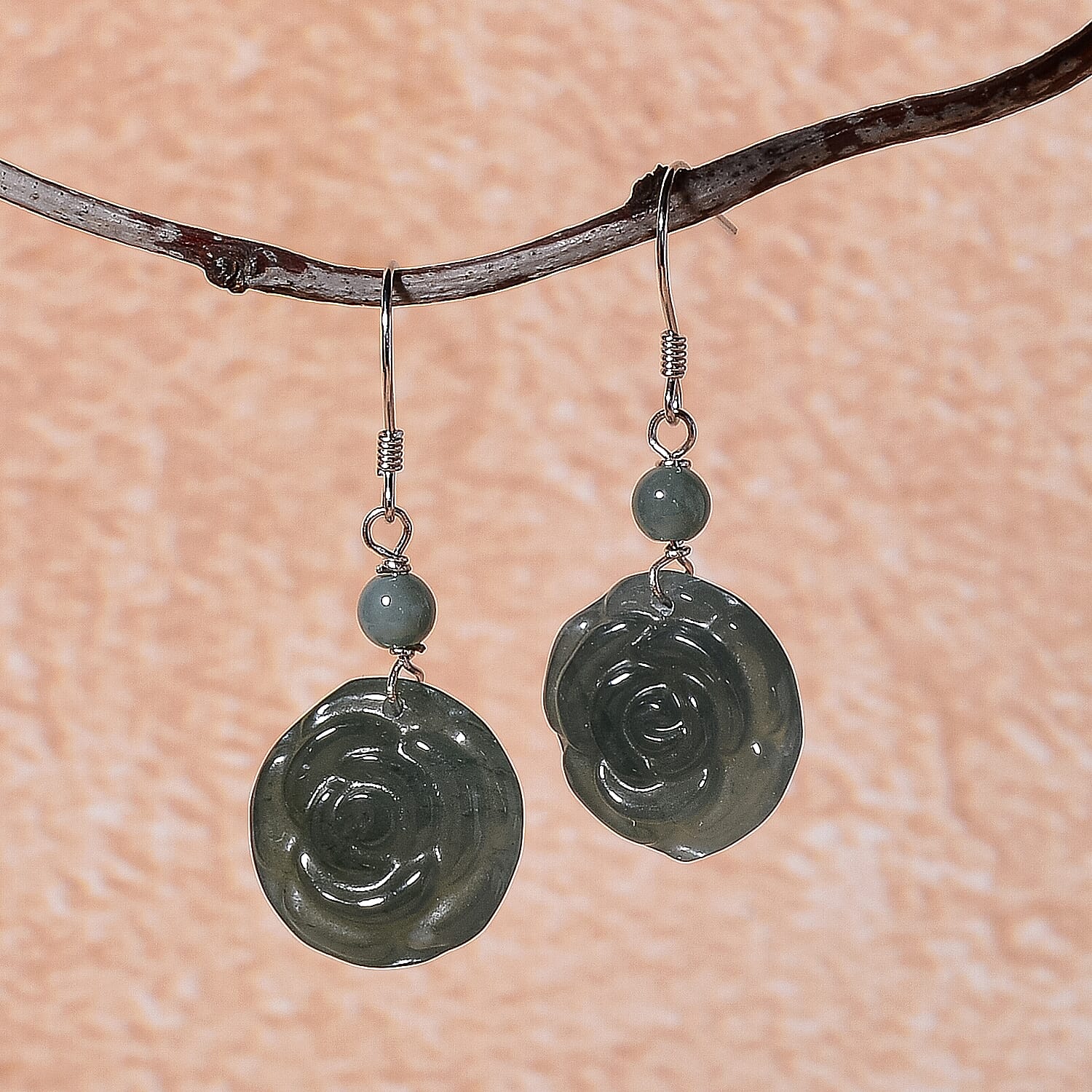D'Joy - Natural Jade Floral Earring with Hook in Rhodium Overlay Sterling Silver 24.00 Ct. V32520344 5