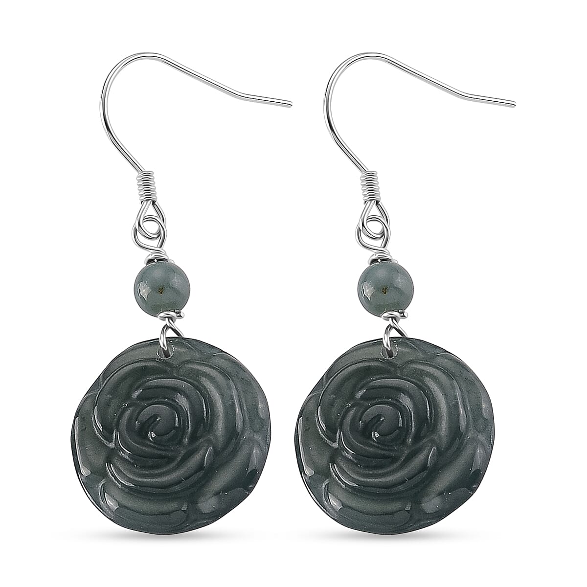 D'Joy - Natural Jade Floral Earring with Hook in Rhodium Overlay Sterling Silver 24.00 Ct. V32520344 4