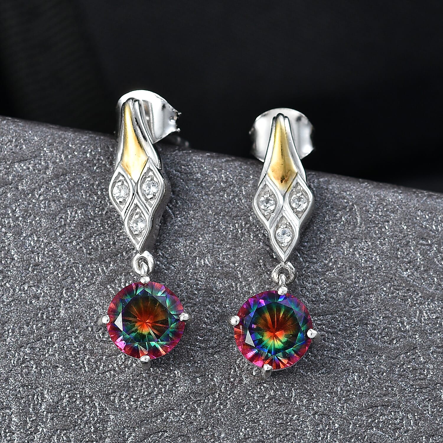 D'Joy Nebula Quartz Doublet &amp; White Zircon Dangling Earring in Platinum &amp; Yellow Gold Plated Sterling Silver 3.46 Ct. 8369962 2