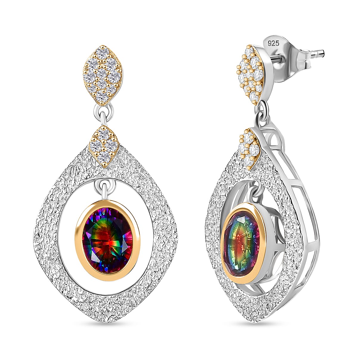 D'Joy Nebula Quartz Doublet, White Zircon Dangling Earring in Platinum &amp; Yellow Gold Plated Sterling Silver 3.41 Ct. 8370105 0
