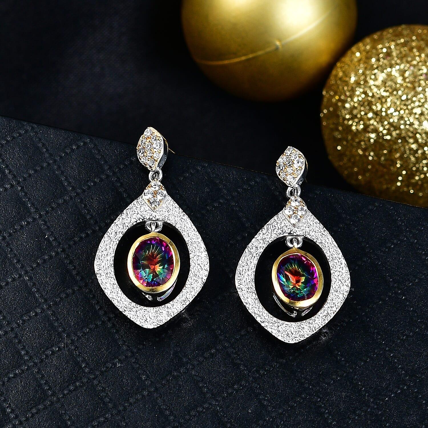 D'Joy Nebula Quartz Doublet, White Zircon Dangling Earring in Platinum &amp; Yellow Gold Plated Sterling Silver 3.41 Ct. 8370105 2