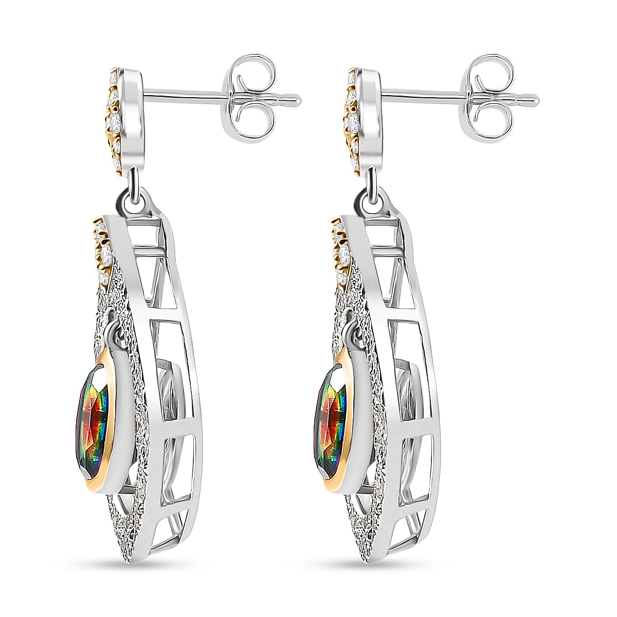 D'Joy Nebula Quartz Doublet, White Zircon Dangling Earring in Platinum &amp; Yellow Gold Plated Sterling Silver 3.41 Ct. 8370105 4