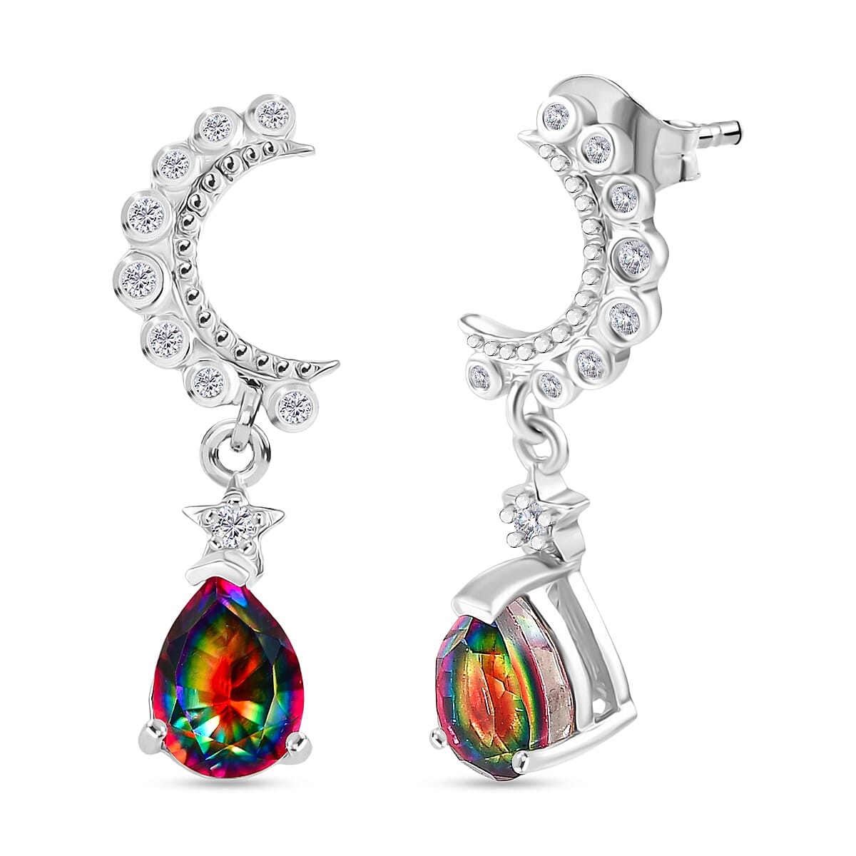 D'Joy Nebula Quartz Doublet, White Zircon Dangling Earring in Platinum Overlay Sterling Silver 2.19 Ct. 8369902 0