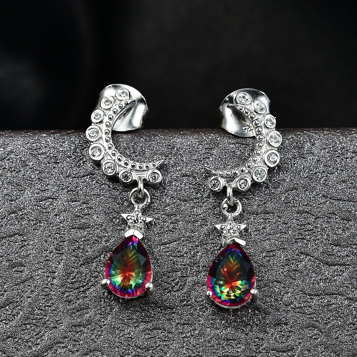 D'Joy Nebula Quartz Doublet, White Zircon Dangling Earring in Platinum Overlay Sterling Silver 2.19 Ct. 8369902 2