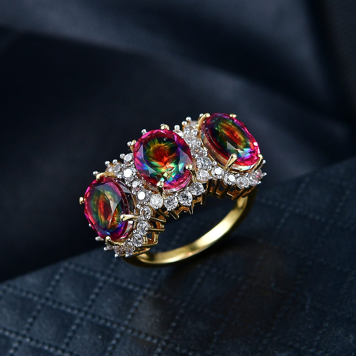 D'Joy Nebula Quartz Doublet &amp; White Zircon Trilogy Halo Ring in 18K Yellow Gold Plated Sterling Silver 7.65 Ct. 8370015 2