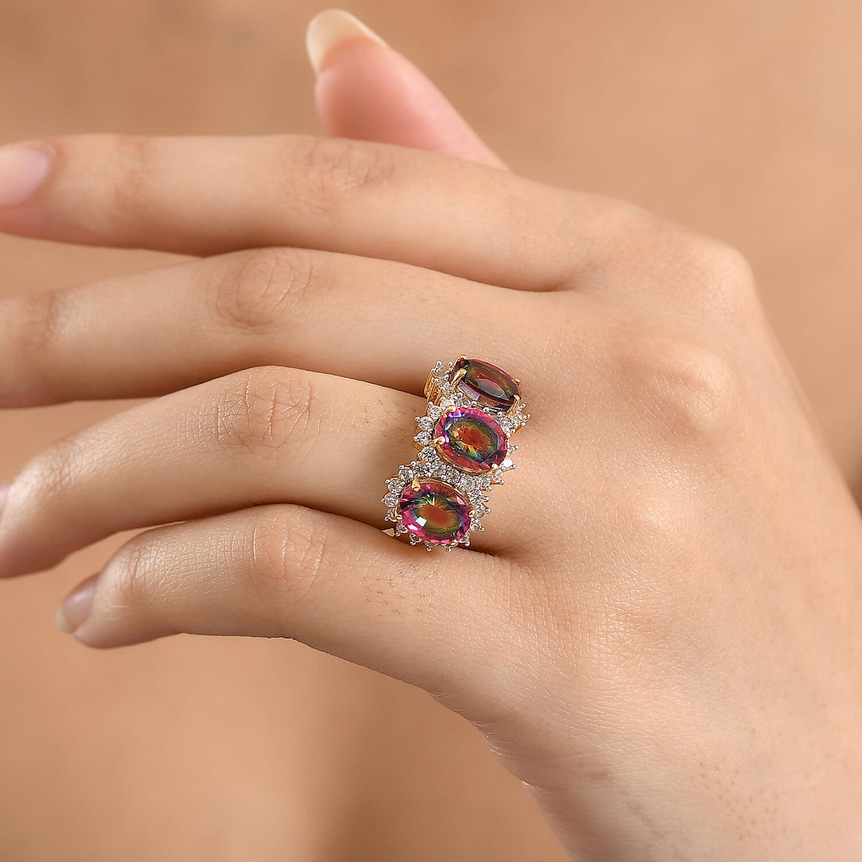D'Joy Nebula Quartz Doublet &amp; White Zircon Trilogy Halo Ring in 18K Yellow Gold Plated Sterling Silver 7.65 Ct. 8370015 3