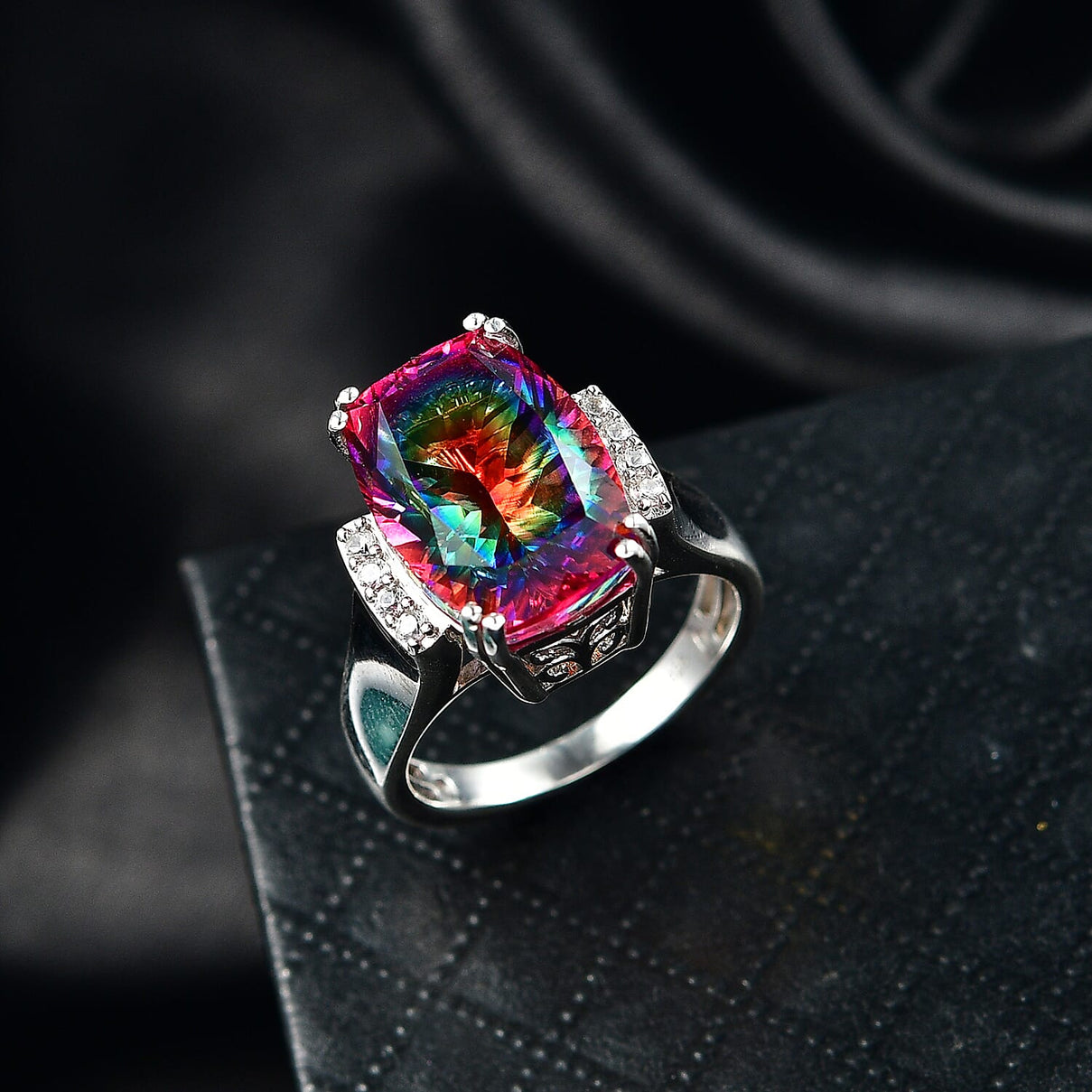 D'Joy Nebula Quartz Doublet &amp; White Zircon Ring in Rhodium Overlay Sterling Silver 8.04 Ct. V32539344 2