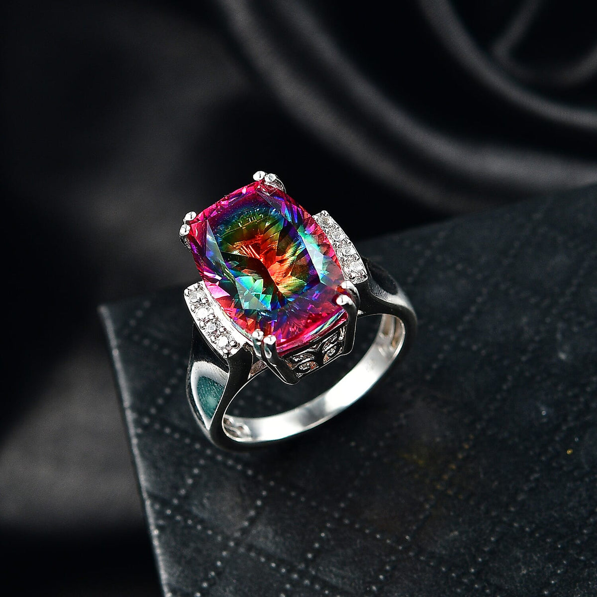 D'Joy Nebula Quartz Doublet &amp; White Zircon Ring in Rhodium Overlay Sterling Silver 8.04 Ct. V32539344 2
