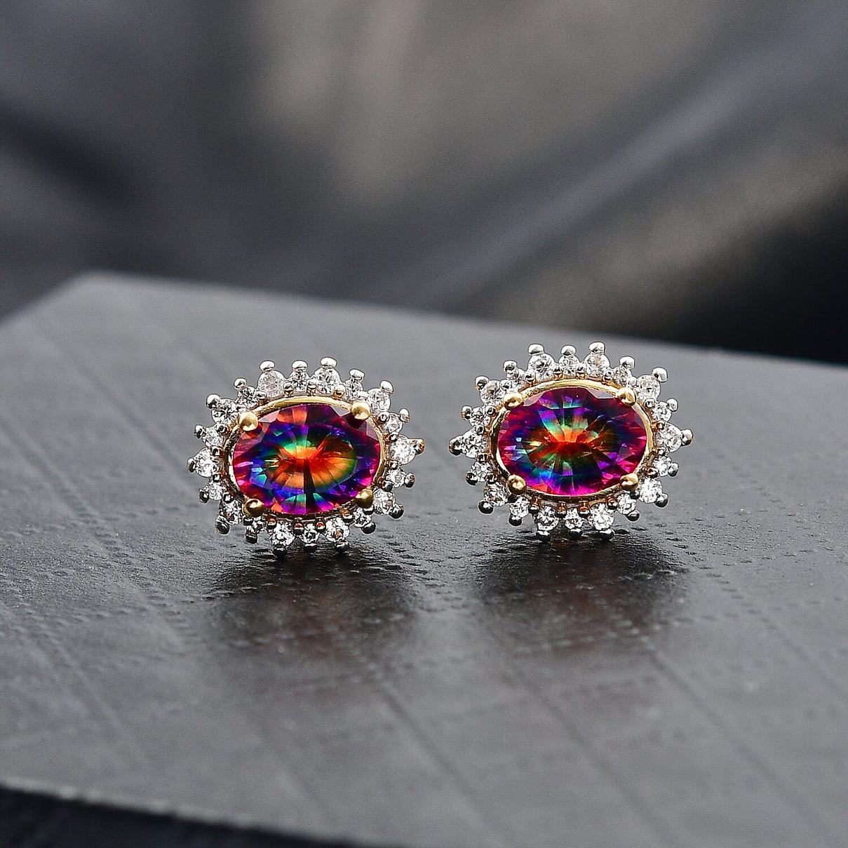 D'Joy Nebula Quartz Doublet &amp; White Zircon Halo Push Post Earring in Yellow Gold Plated Sterling Silver 2.44 Ct. 8370069 2