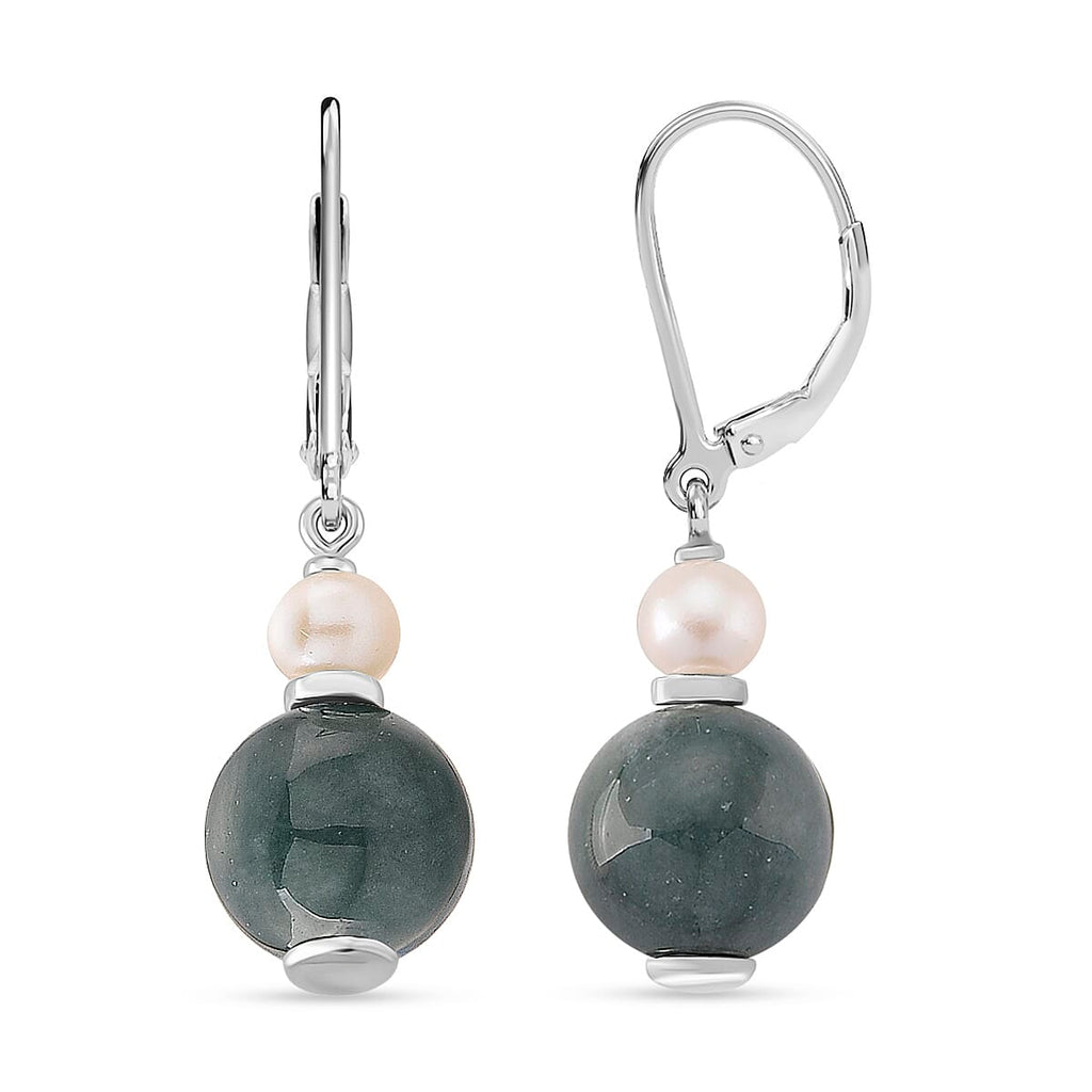 D'Joy Natural Jadeite & Fresh Water Pearl Drop Lever Back Earring in Rhodium Overlay Sterling Silver 16.40 Ct.
