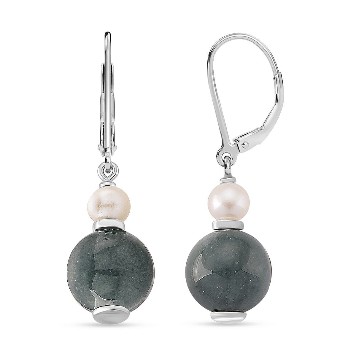 D'Joy Natural Jadeite &amp; Fresh Water Pearl Drop Lever Back Earring in Rhodium Overlay Sterling Silver 16.40 Ct. 8422061 0