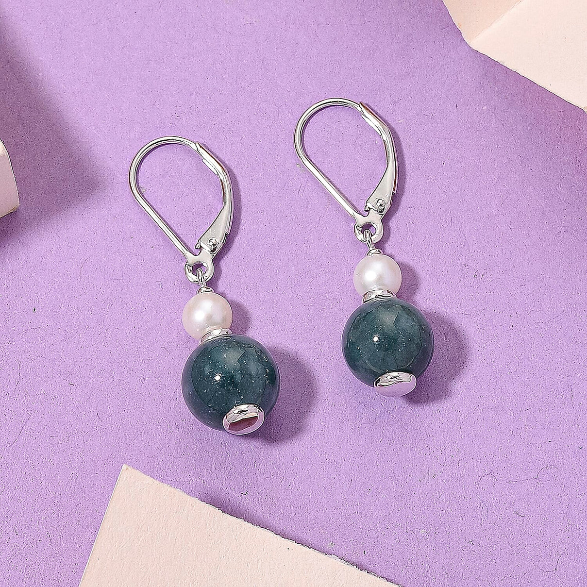 D'Joy Natural Jadeite &amp; Fresh Water Pearl Drop Lever Back Earring in Rhodium Overlay Sterling Silver 16.40 Ct. 8422061 2