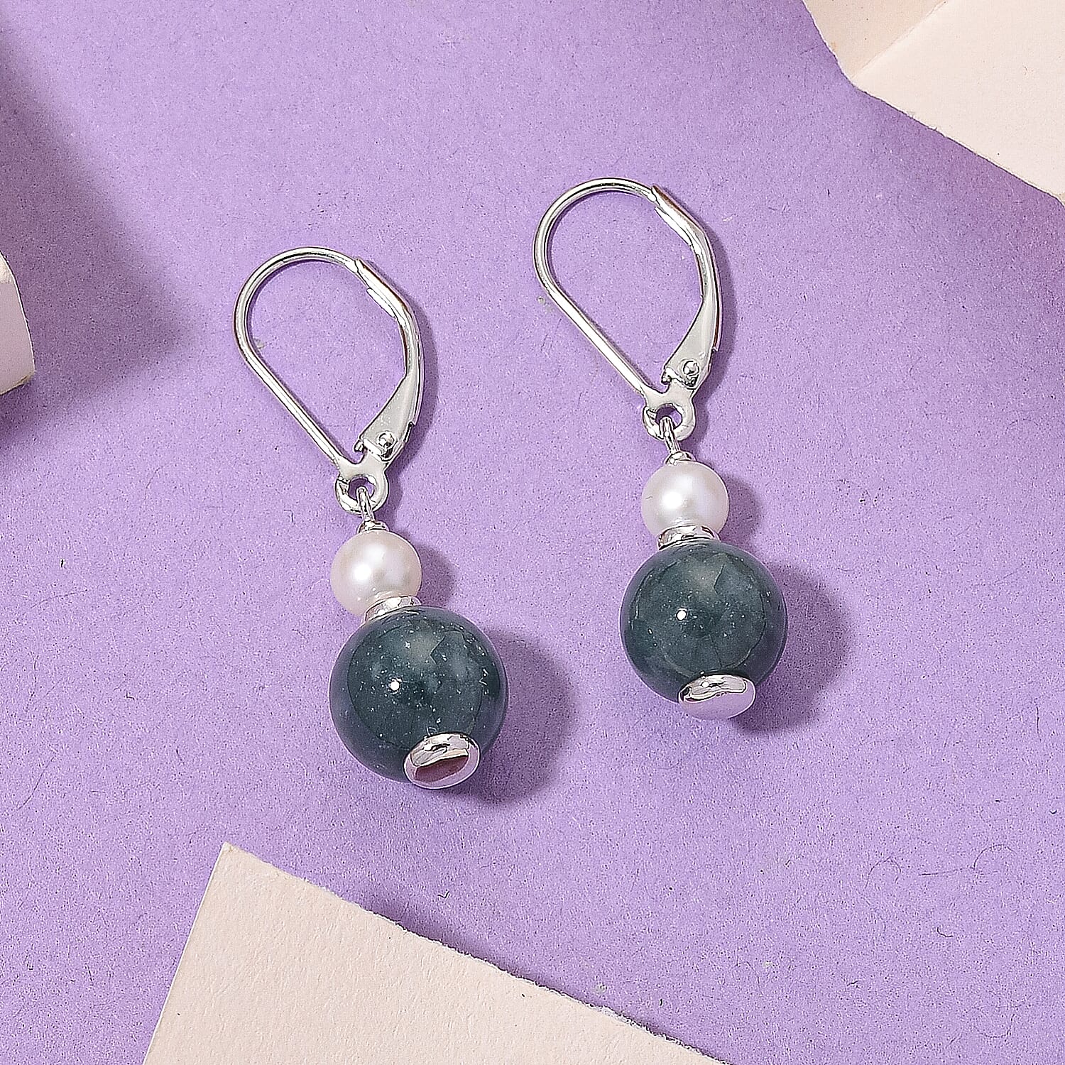 D'Joy Natural Jadeite &amp; Fresh Water Pearl Drop Lever Back Earring in Rhodium Overlay Sterling Silver 16.40 Ct. 8422061 2