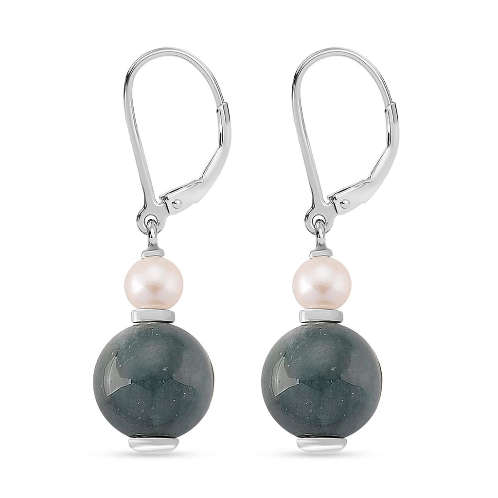 D'Joy Natural Jadeite & Fresh Water Pearl Drop Lever Back Earring in Rhodium Overlay Sterling Silver 16.40 Ct.
