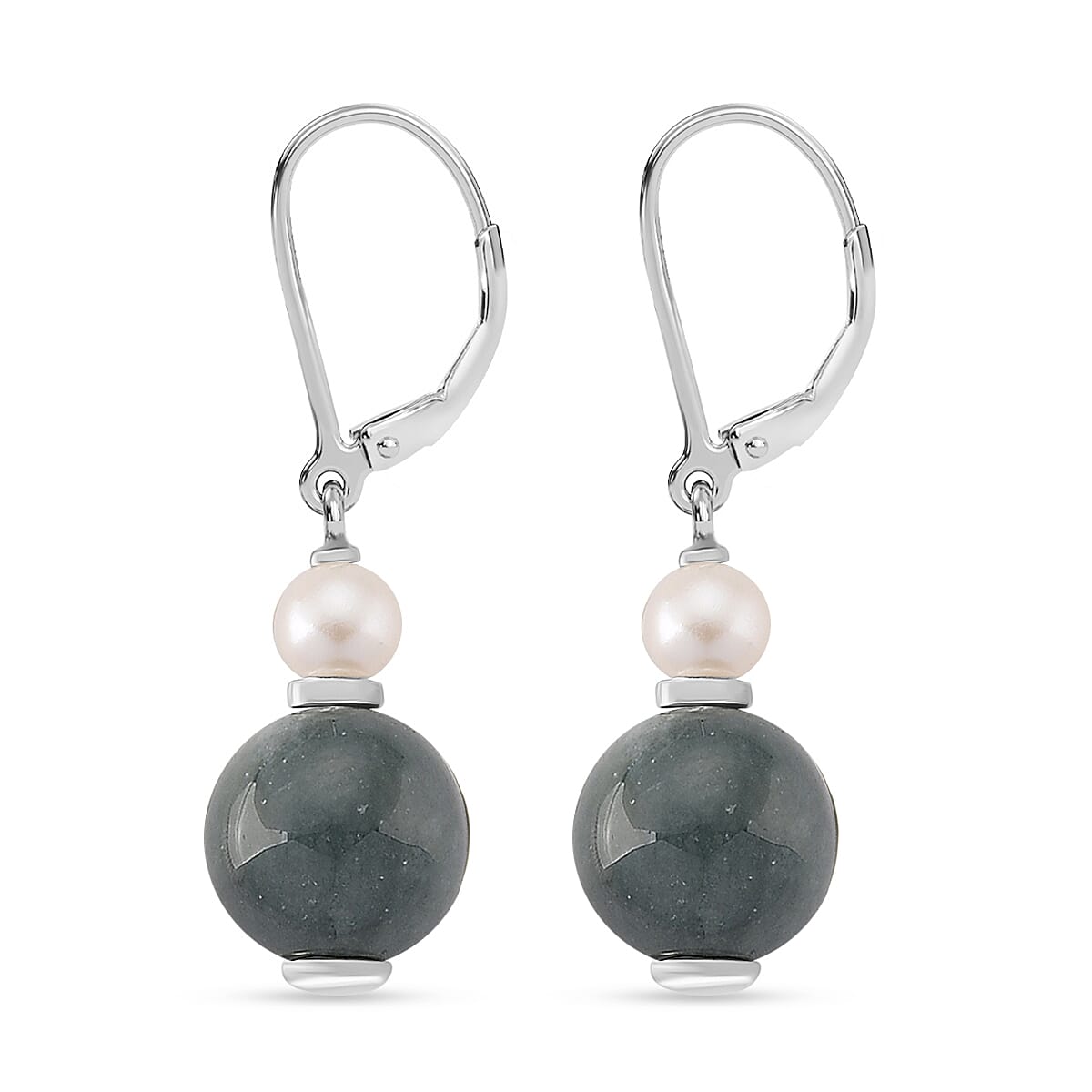 D'Joy Natural Jadeite &amp; Fresh Water Pearl Drop Lever Back Earring in Rhodium Overlay Sterling Silver 16.40 Ct. 8422061 4