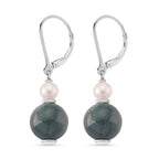 D'Joy Natural Jadeite & Fresh Water Pearl Drop Lever Back Earring in Rhodium Overlay Sterling Silver 16.40 Ct.