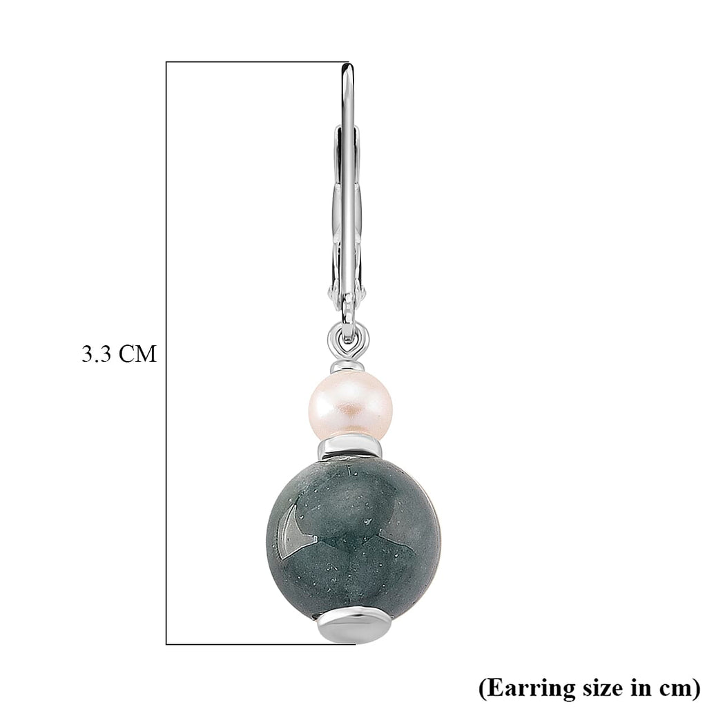 D'Joy Natural Jadeite & Fresh Water Pearl Drop Lever Back Earring in Rhodium Overlay Sterling Silver 16.40 Ct.