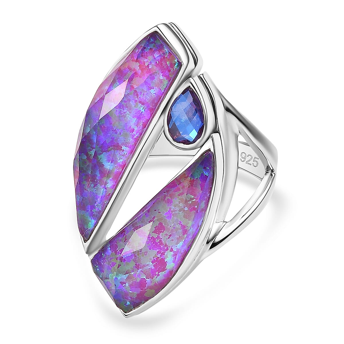 Sajen Silver - Opal Doublet, Rainbow Lavender Boho Ring in Rhodium Overlay Sterling Silver 10.12 Ct. 8364181 0