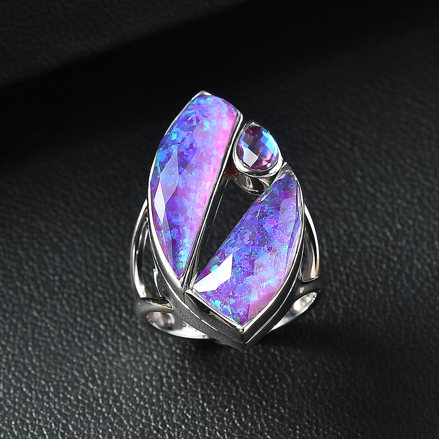 Sajen Silver - Opal Doublet, Rainbow Lavender Boho Ring in Rhodium Overlay Sterling Silver 10.12 Ct. 8364181 1