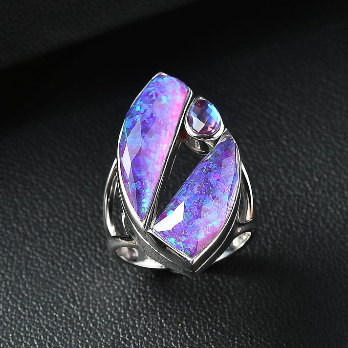 Sajen Silver - Opal Doublet, Rainbow Lavender Boho Ring in Rhodium Overlay Sterling Silver 10.12 Ct. 8364181 2
