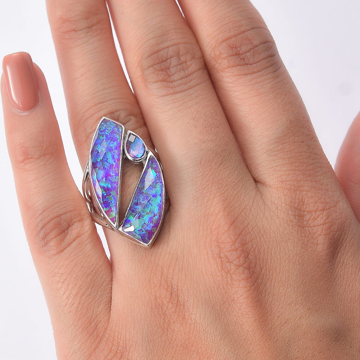 Sajen Silver - Opal Doublet, Rainbow Lavender Boho Ring in Rhodium Overlay Sterling Silver 10.12 Ct. 8364181 2