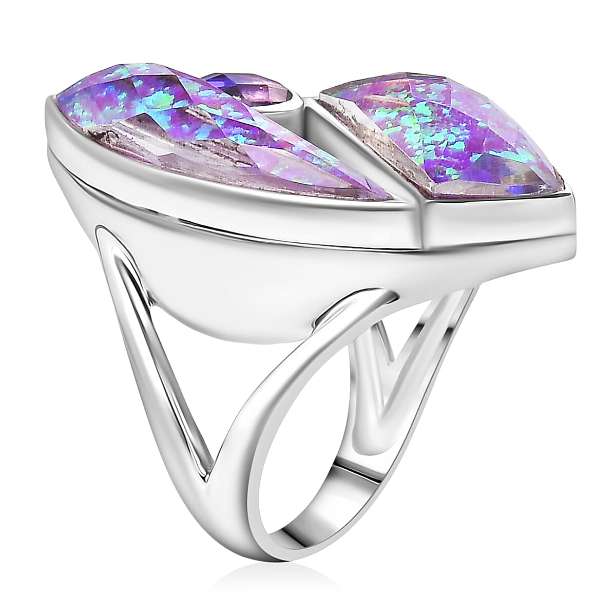 Sajen Silver - Opal Doublet, Rainbow Lavender Boho Ring in Rhodium Overlay Sterling Silver 10.12 Ct. 8364181 3