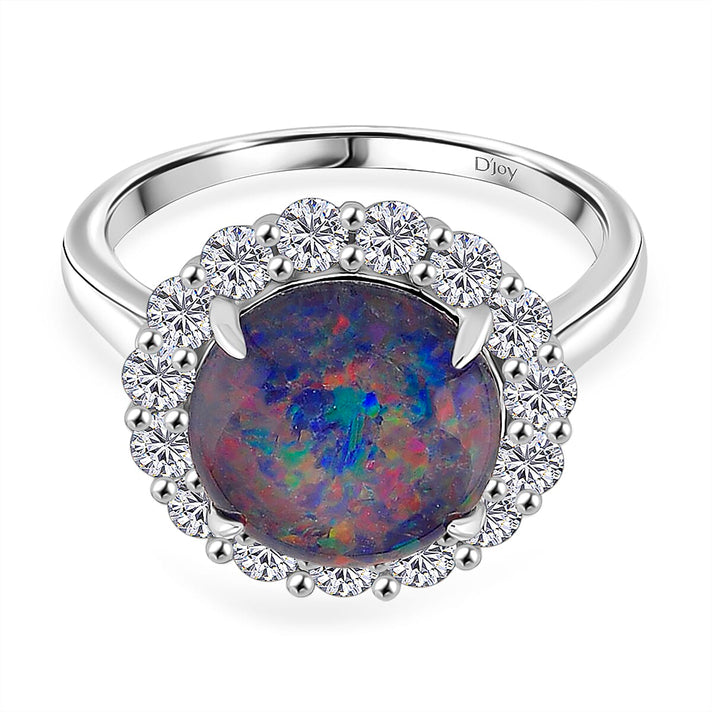 D'Joy Australian Boulder Opal, Moissanite Halo Ring in Rhodium Overlay Sterling Silver 3.40 Ct. 8380733 1