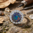 D'Joy Australian Boulder Opal  & Moissanite Halo Ring in Rhodium Overlay Sterling Silver 3.40 Ct.