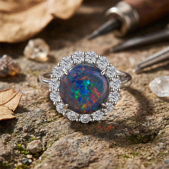 D'Joy Australian Boulder Opal, Moissanite Halo Ring in Rhodium Overlay Sterling Silver 3.40 Ct. 8380733 2