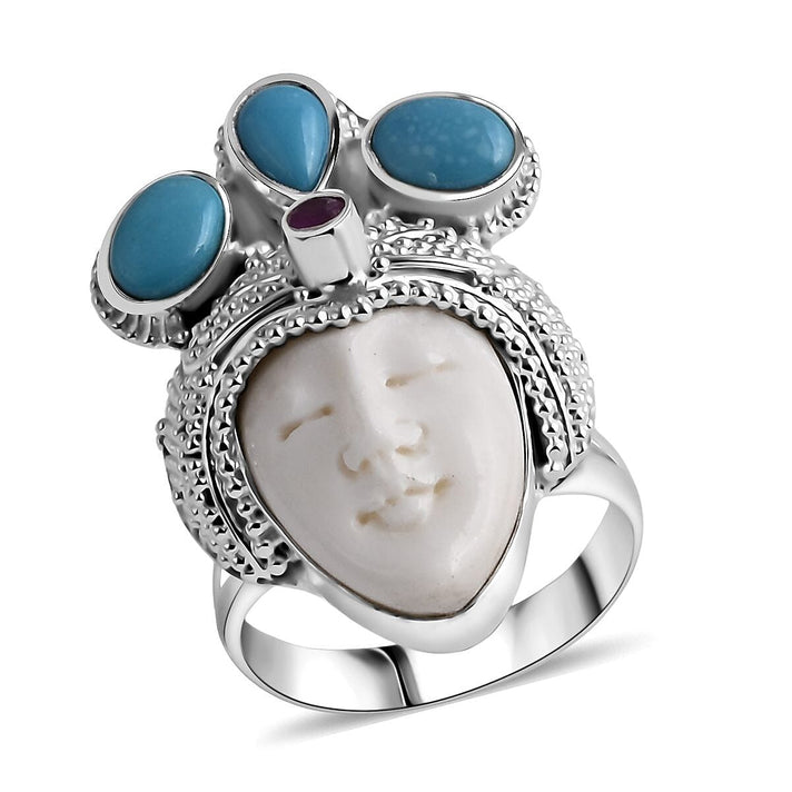 Royal Princess Bali Collection - Ox Bone, Fissure Filled Ruby &amp; Turquoise Ring in Sterling Silver 8.27 Ct, Silver Wt. 11.00 Gms 8261871 1